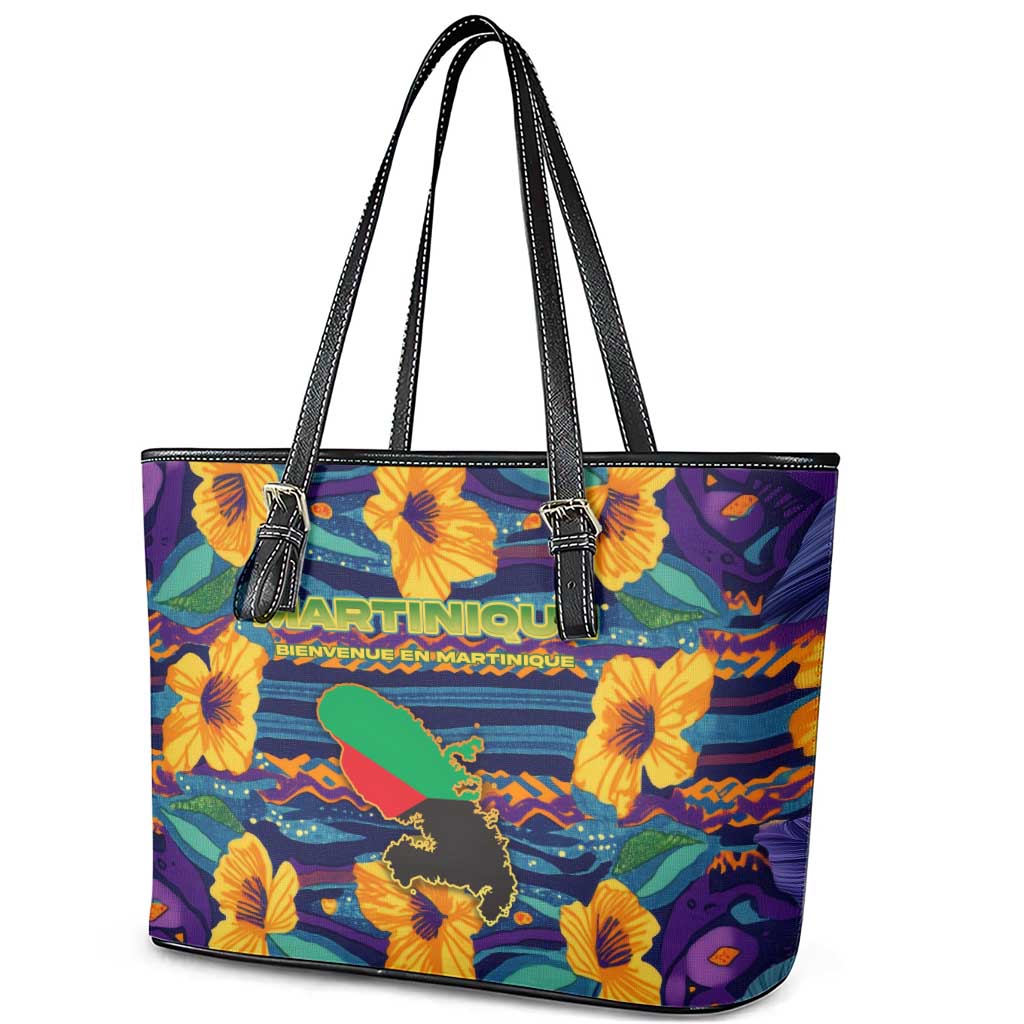 Martinique Map and Hibiscus Leather Tote Bag Island Silhouette with Tribal Stripe Accents
