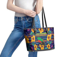 Martinique Map and Hibiscus Leather Tote Bag Island Silhouette with Tribal Stripe Accents