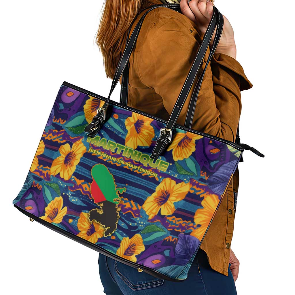 Martinique Map and Hibiscus Leather Tote Bag Island Silhouette with Tribal Stripe Accents