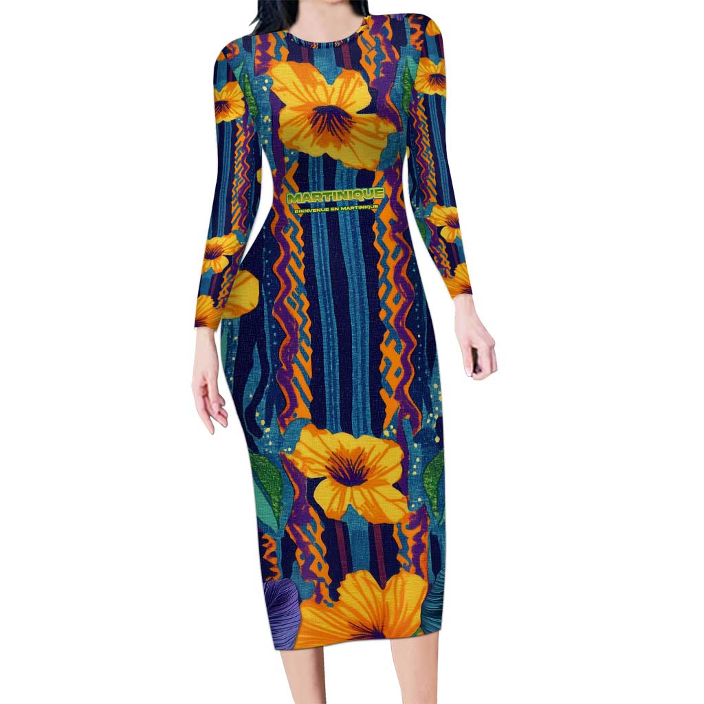 Martinique Map and Hibiscus Long Sleeve Bodycon Dress Island Silhouette with Tribal Stripe Accents