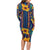 Martinique Map and Hibiscus Long Sleeve Bodycon Dress Island Silhouette with Tribal Stripe Accents