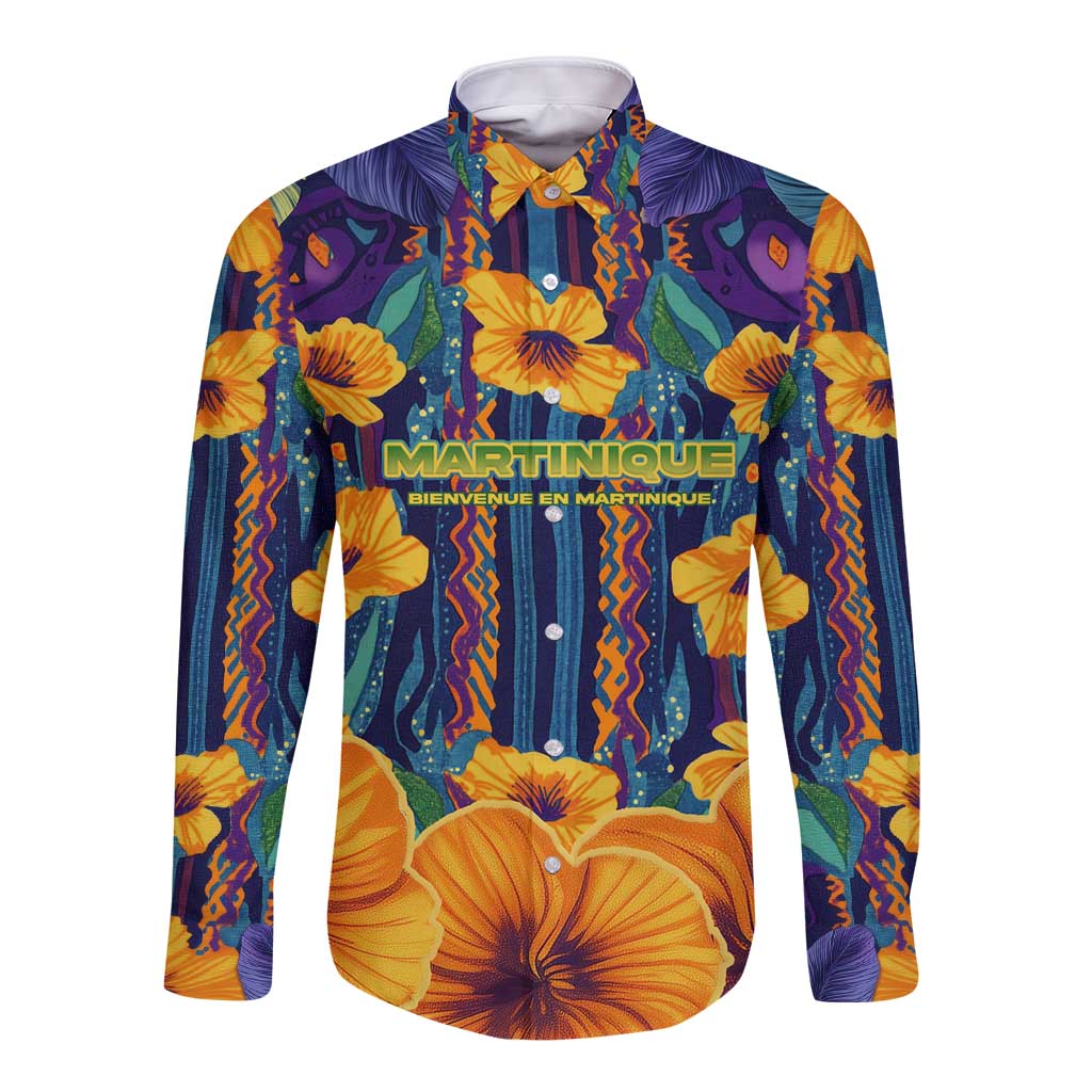Martinique Map and Hibiscus Long Sleeve Button Shirt Island Silhouette with Tribal Stripe Accents