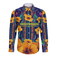 Martinique Map and Hibiscus Long Sleeve Button Shirt Island Silhouette with Tribal Stripe Accents