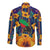 Martinique Map and Hibiscus Long Sleeve Button Shirt Island Silhouette with Tribal Stripe Accents