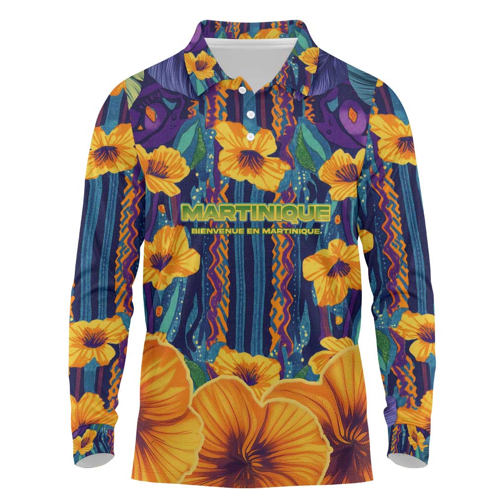 Martinique Map and Hibiscus Long Sleeve Polo Shirt Island Silhouette with Tribal Stripe Accents
