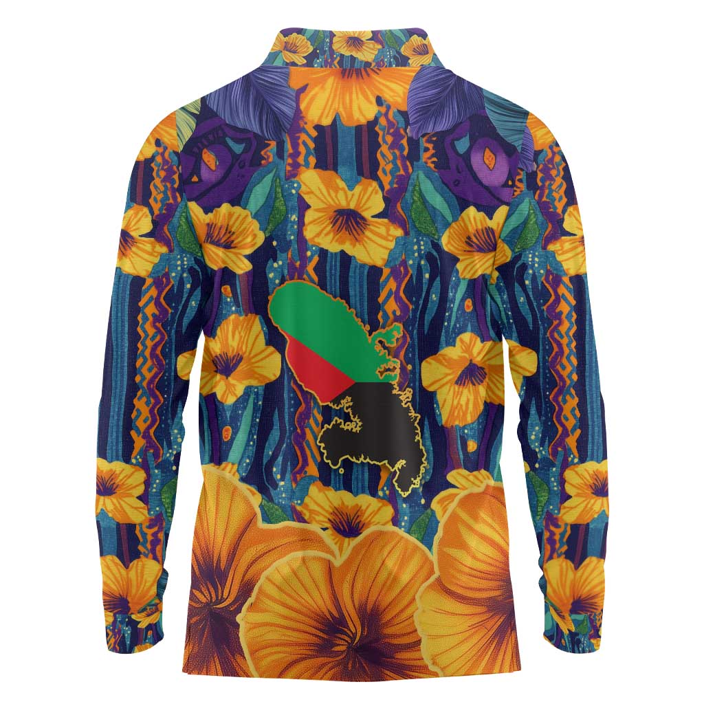 Martinique Map and Hibiscus Long Sleeve Polo Shirt Island Silhouette with Tribal Stripe Accents