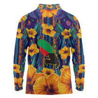 Martinique Map and Hibiscus Long Sleeve Polo Shirt Island Silhouette with Tribal Stripe Accents