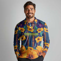Martinique Map and Hibiscus Long Sleeve Polo Shirt Island Silhouette with Tribal Stripe Accents