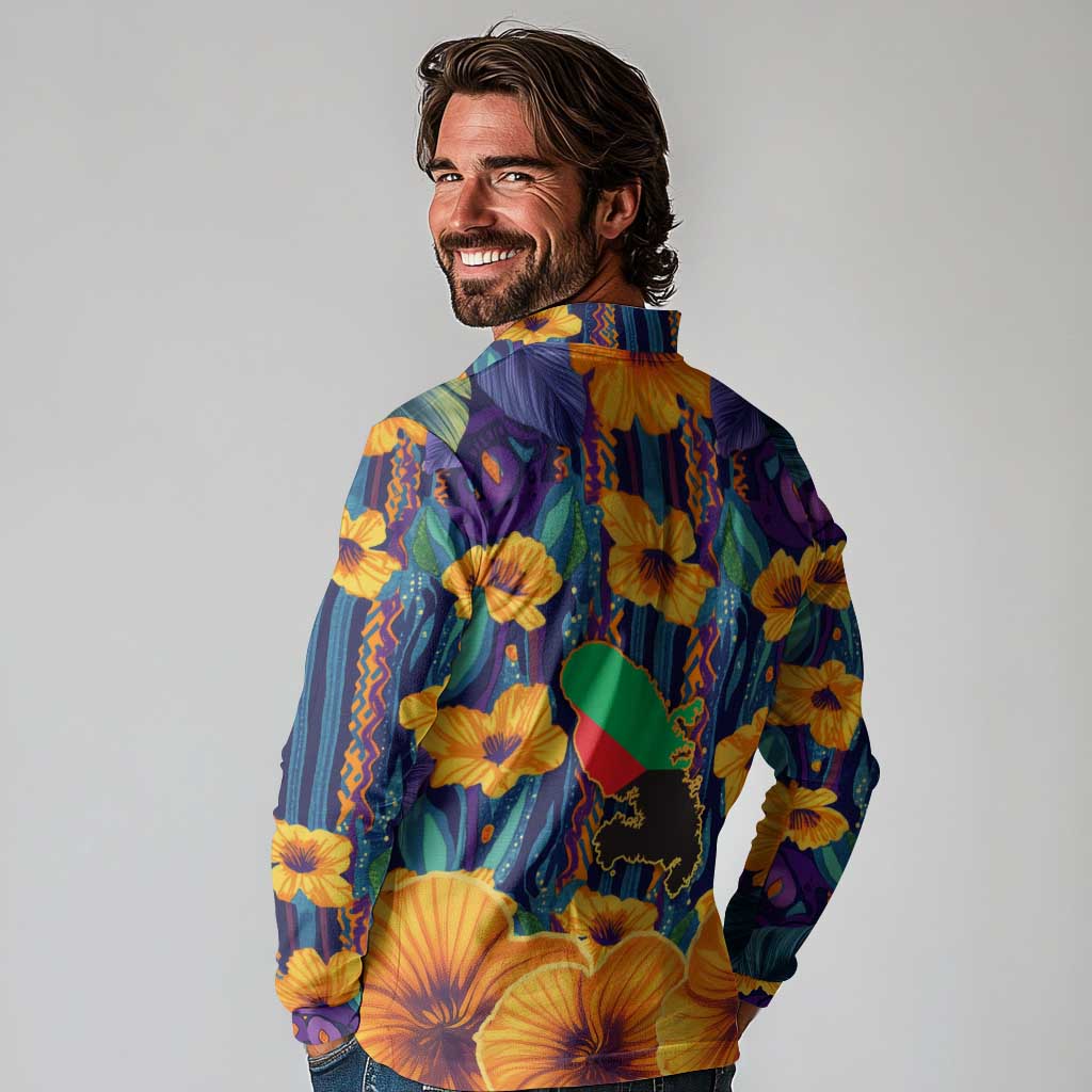 Martinique Map and Hibiscus Long Sleeve Polo Shirt Island Silhouette with Tribal Stripe Accents