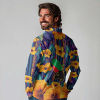 Martinique Map and Hibiscus Long Sleeve Polo Shirt Island Silhouette with Tribal Stripe Accents