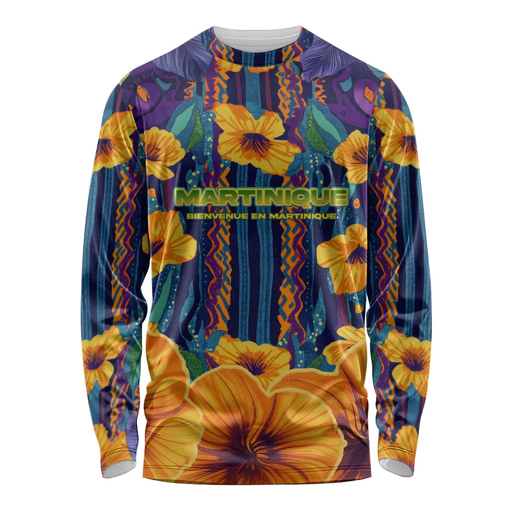 Martinique Map and Hibiscus Long Sleeve Shirt Island Silhouette with Tribal Stripe Accents