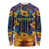 Martinique Map and Hibiscus Long Sleeve Shirt Island Silhouette with Tribal Stripe Accents