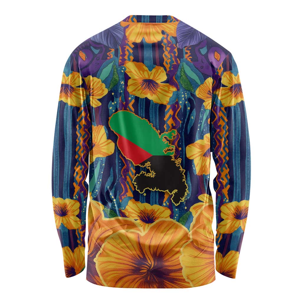 Martinique Map and Hibiscus Long Sleeve Shirt Island Silhouette with Tribal Stripe Accents