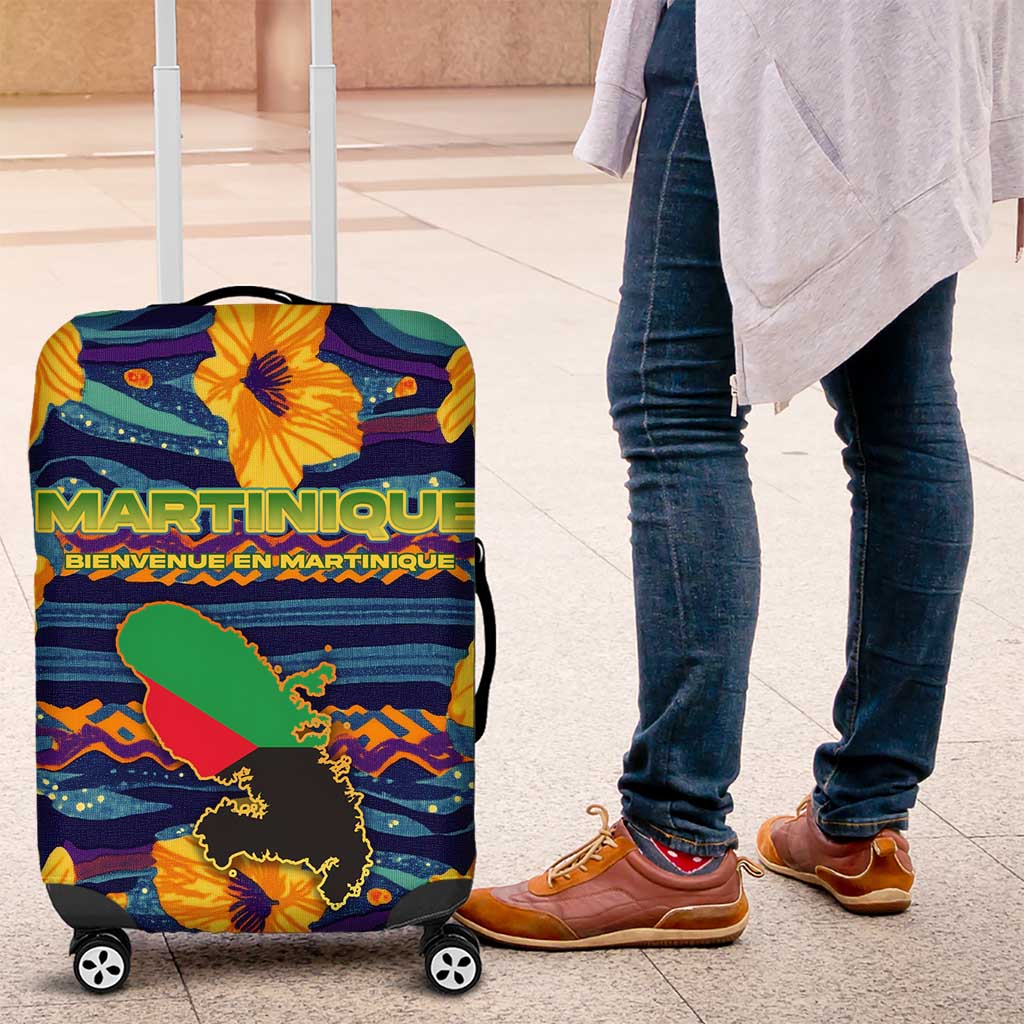 Martinique Map and Hibiscus Luggage Cover Island Silhouette with Tribal Stripe Accents