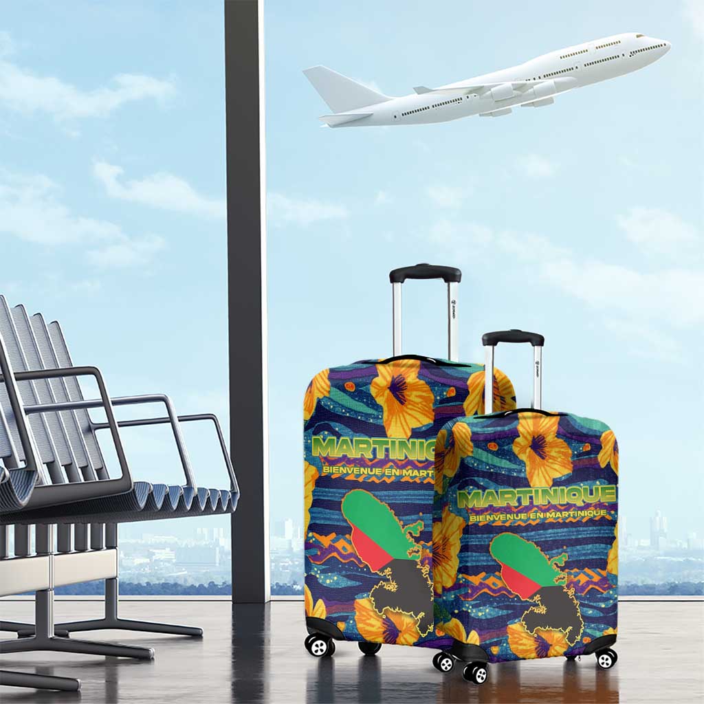 Martinique Map and Hibiscus Luggage Cover Island Silhouette with Tribal Stripe Accents