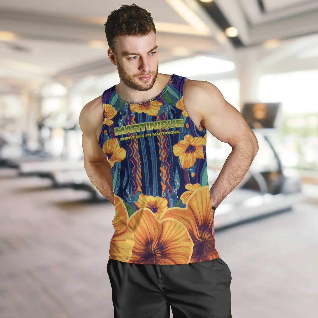 Martinique Map and Hibiscus Men Tank Top Island Silhouette with Tribal Stripe Accents