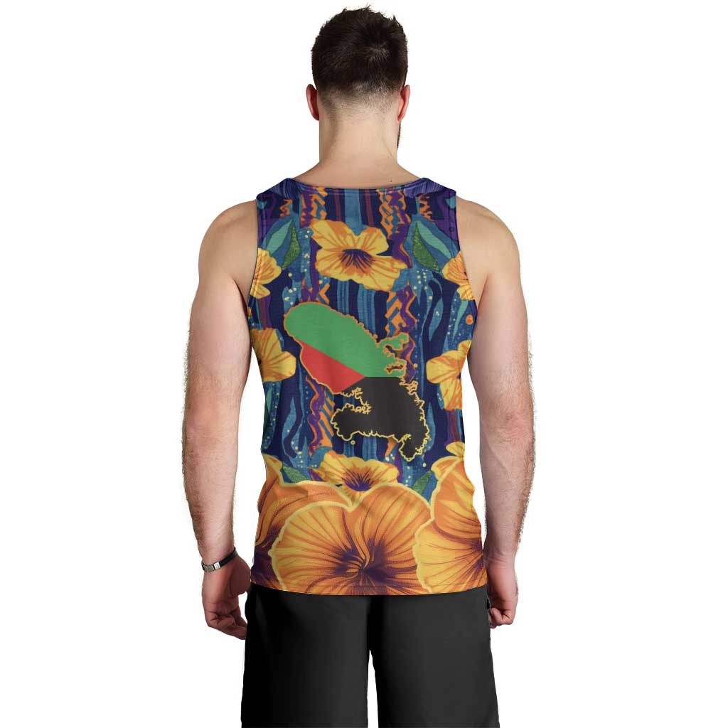 Martinique Map and Hibiscus Men Tank Top Island Silhouette with Tribal Stripe Accents