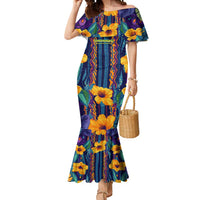 Martinique Map and Hibiscus Mermaid Dress Island Silhouette with Tribal Stripe Accents