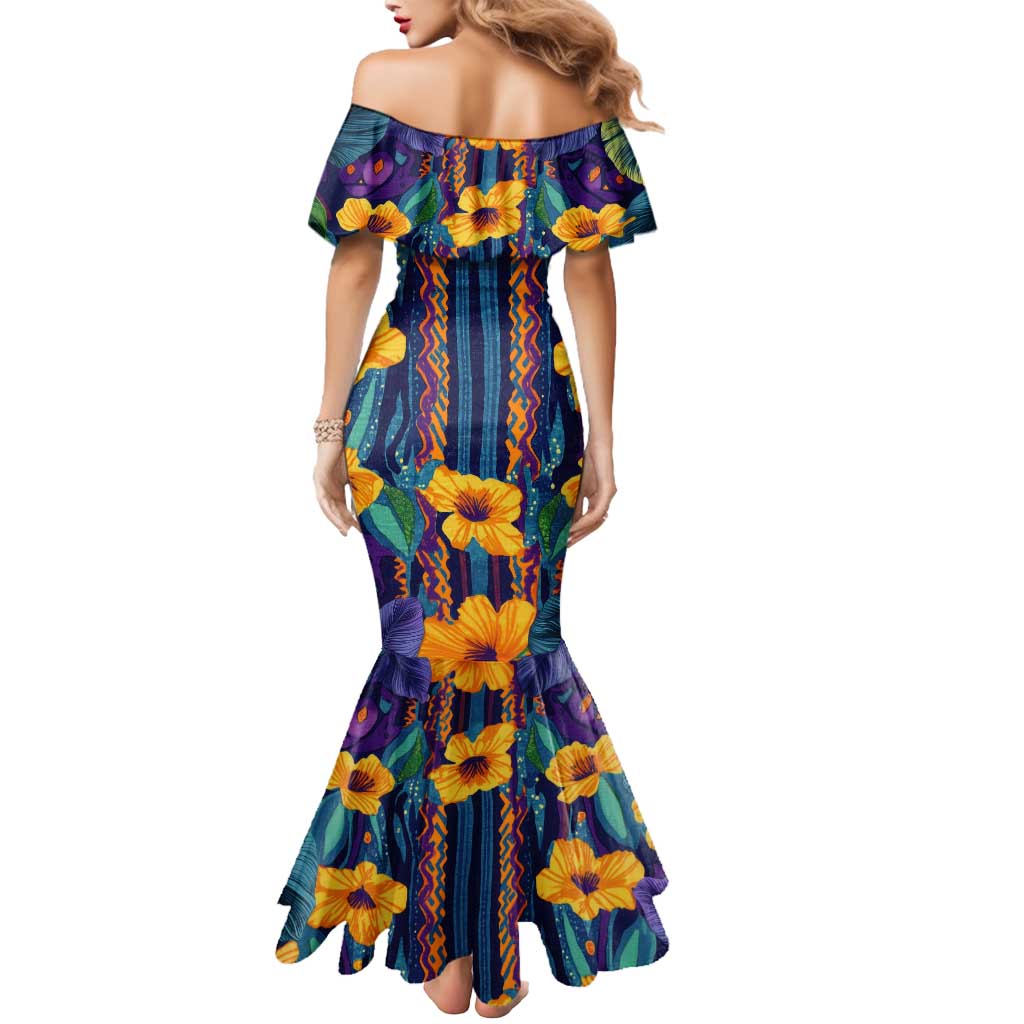 Martinique Map and Hibiscus Mermaid Dress Island Silhouette with Tribal Stripe Accents