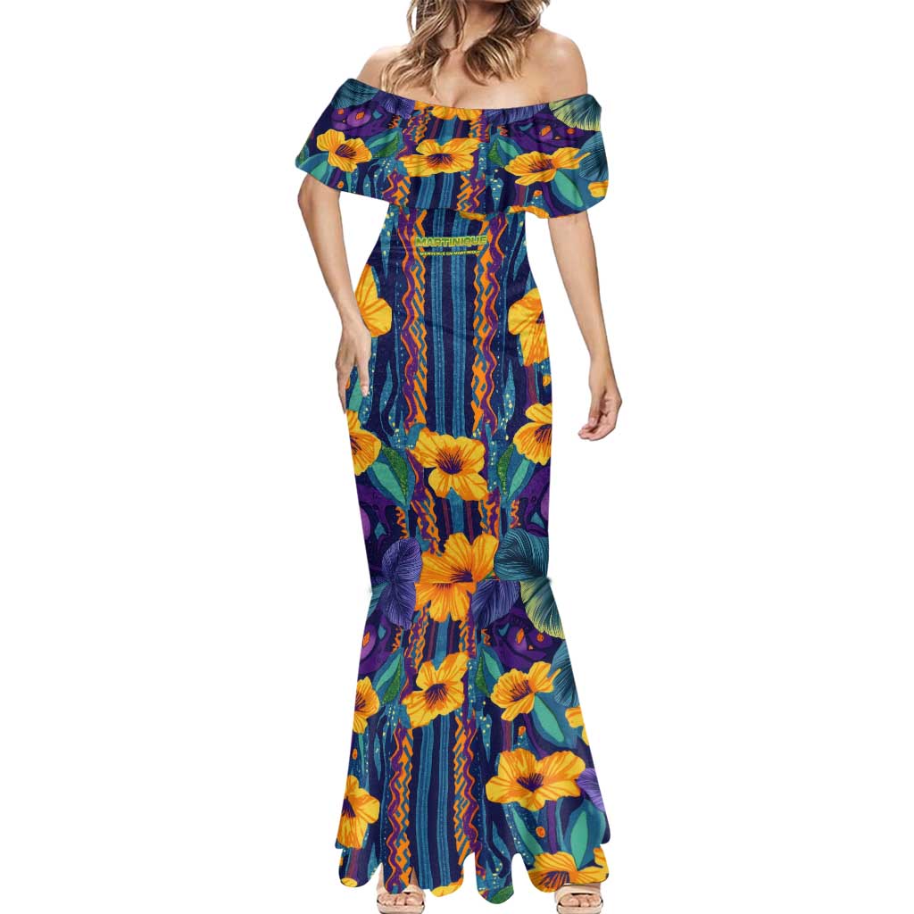 Martinique Map and Hibiscus Mermaid Dress Island Silhouette with Tribal Stripe Accents