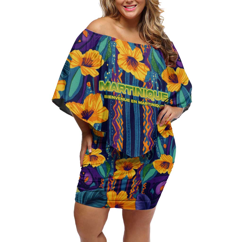 Martinique Map and Hibiscus Off Shoulder Short Dress Island Silhouette with Tribal Stripe Accents