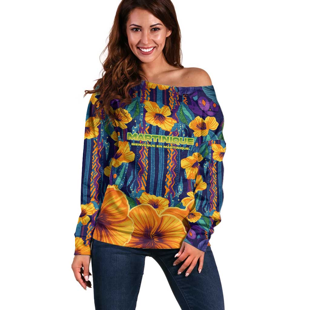Martinique Map and Hibiscus Off Shoulder Sweater Island Silhouette with Tribal Stripe Accents