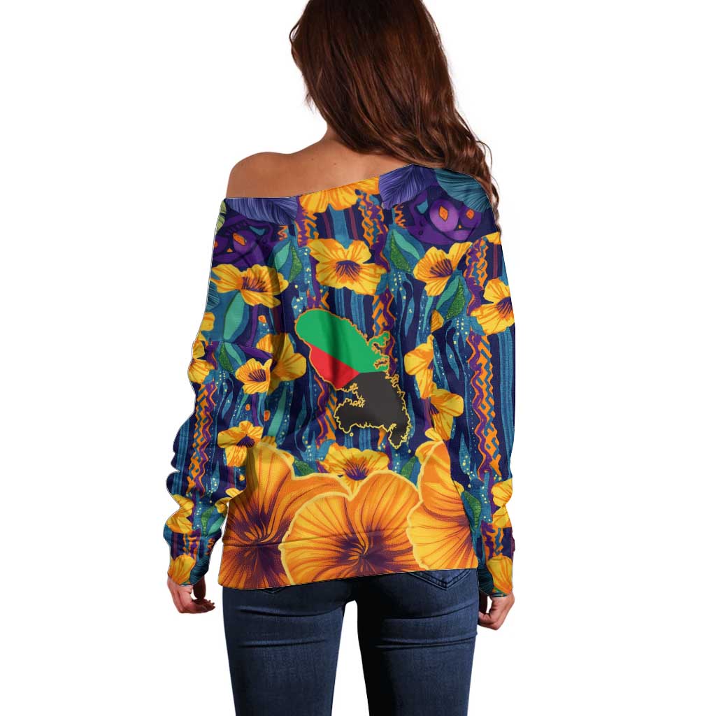 Martinique Map and Hibiscus Off Shoulder Sweater Island Silhouette with Tribal Stripe Accents