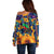 Martinique Map and Hibiscus Off Shoulder Sweater Island Silhouette with Tribal Stripe Accents