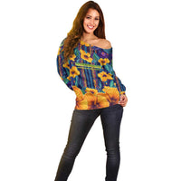 Martinique Map and Hibiscus Off Shoulder Sweater Island Silhouette with Tribal Stripe Accents