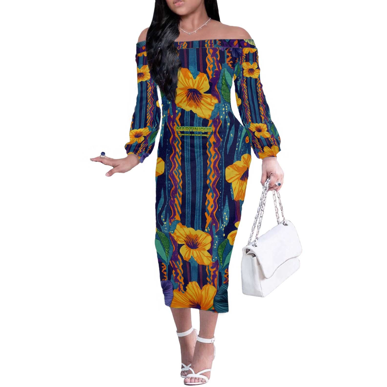 Martinique Map and Hibiscus Off The Shoulder Long Sleeve Dress Island Silhouette with Tribal Stripe Accents