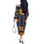 Martinique Map and Hibiscus Off The Shoulder Long Sleeve Dress Island Silhouette with Tribal Stripe Accents