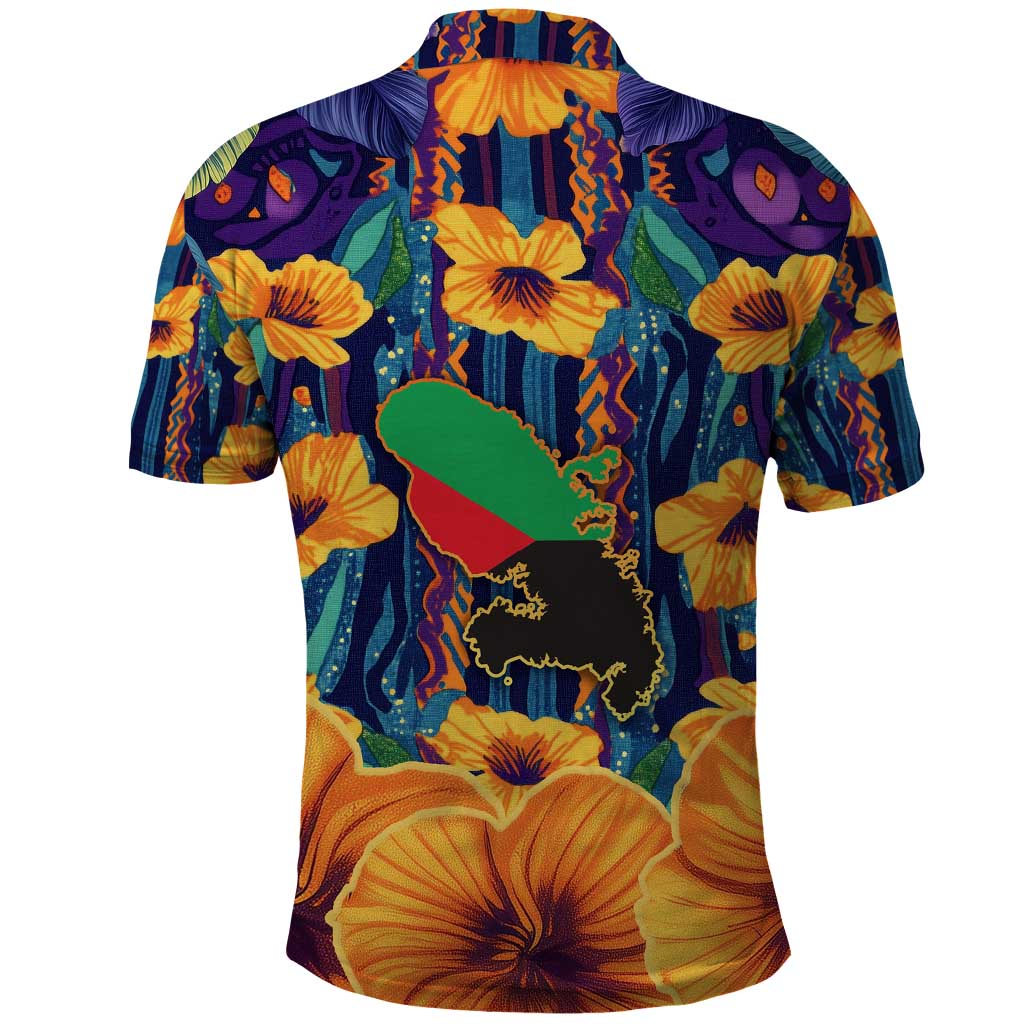 Martinique Map and Hibiscus Polo Shirt Island Silhouette with Tribal Stripe Accents