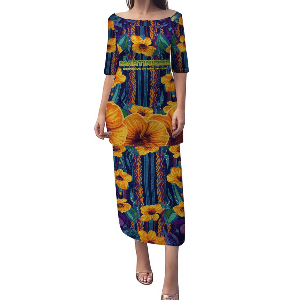 Martinique Map and Hibiscus Puletasi Island Silhouette with Tribal Stripe Accents