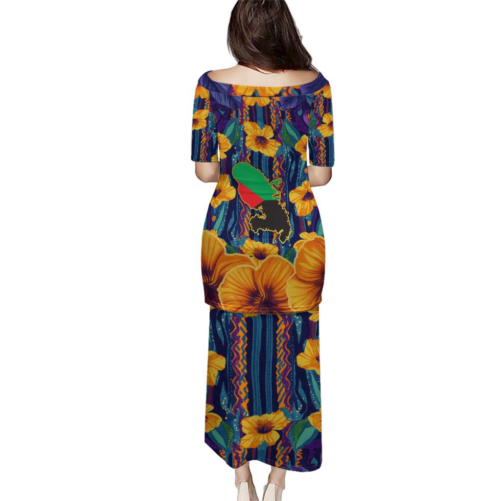 Martinique Map and Hibiscus Puletasi Island Silhouette with Tribal Stripe Accents