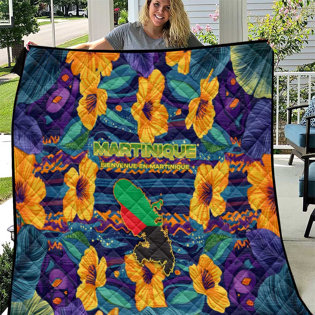 Martinique Map and Hibiscus Quilt Island Silhouette with Tribal Stripe Accents