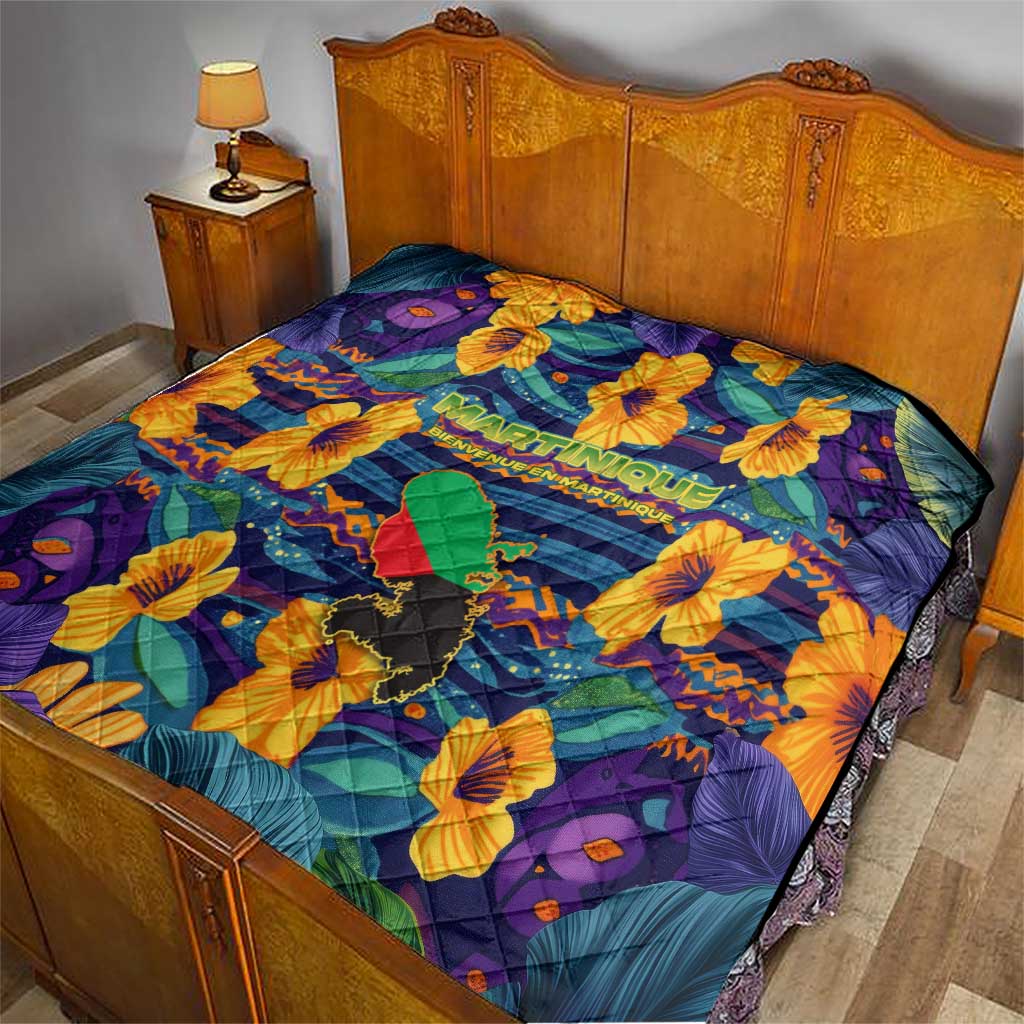 Martinique Map and Hibiscus Quilt Island Silhouette with Tribal Stripe Accents