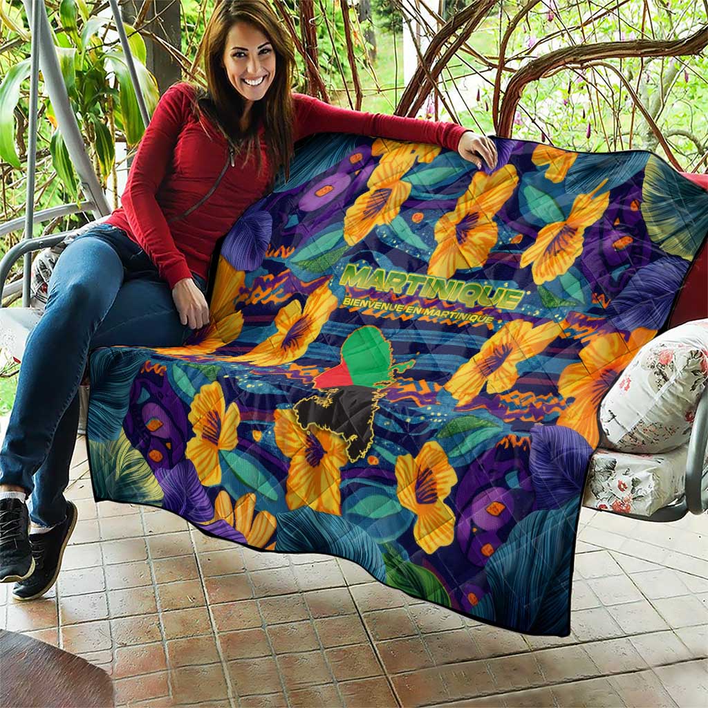 Martinique Map and Hibiscus Quilt Island Silhouette with Tribal Stripe Accents