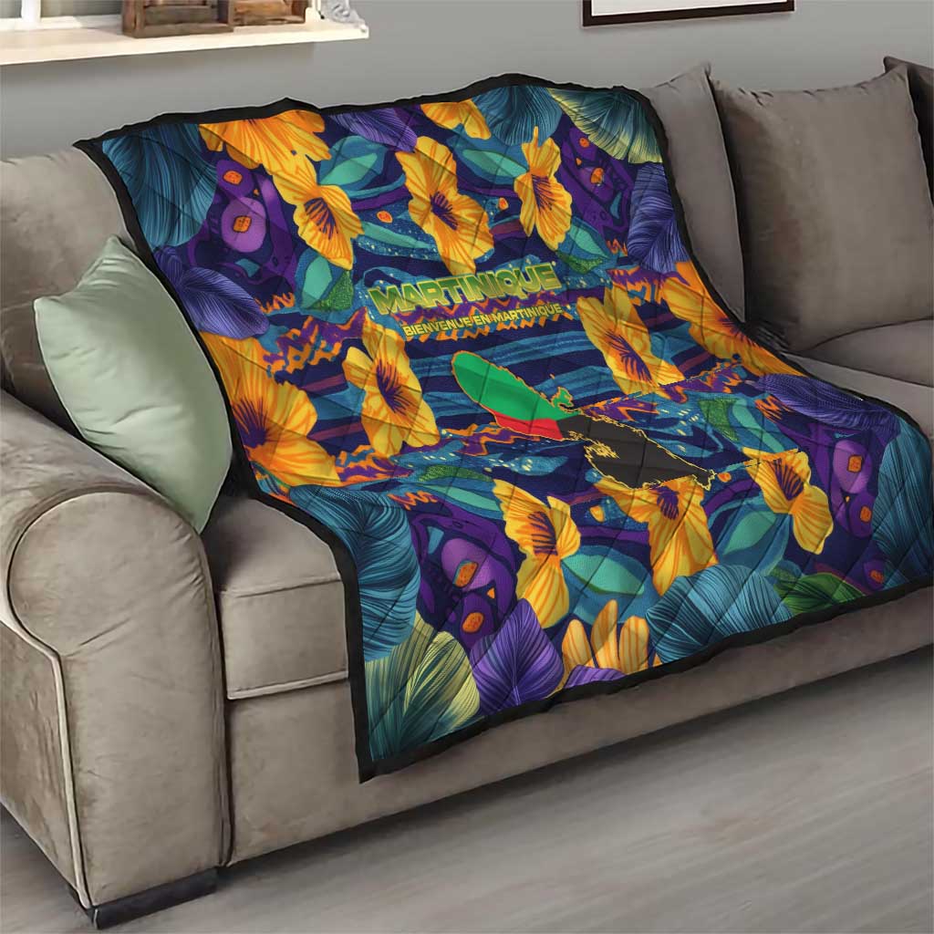 Martinique Map and Hibiscus Quilt Island Silhouette with Tribal Stripe Accents