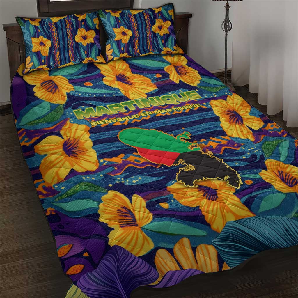Martinique Map and Hibiscus Quilt Bed Set Island Silhouette with Tribal Stripe Accents