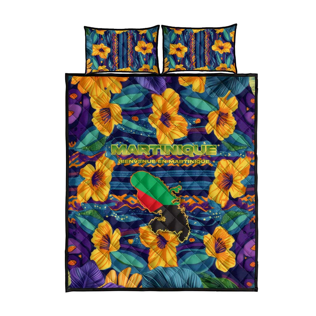 Martinique Map and Hibiscus Quilt Bed Set Island Silhouette with Tribal Stripe Accents