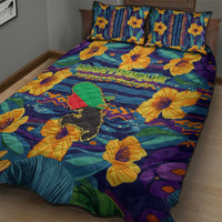 Martinique Map and Hibiscus Quilt Bed Set Island Silhouette with Tribal Stripe Accents