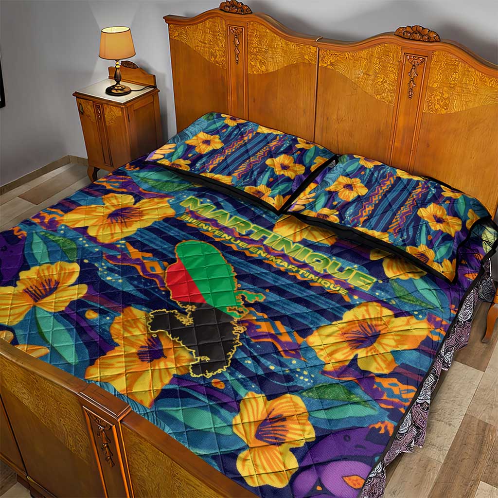 Martinique Map and Hibiscus Quilt Bed Set Island Silhouette with Tribal Stripe Accents
