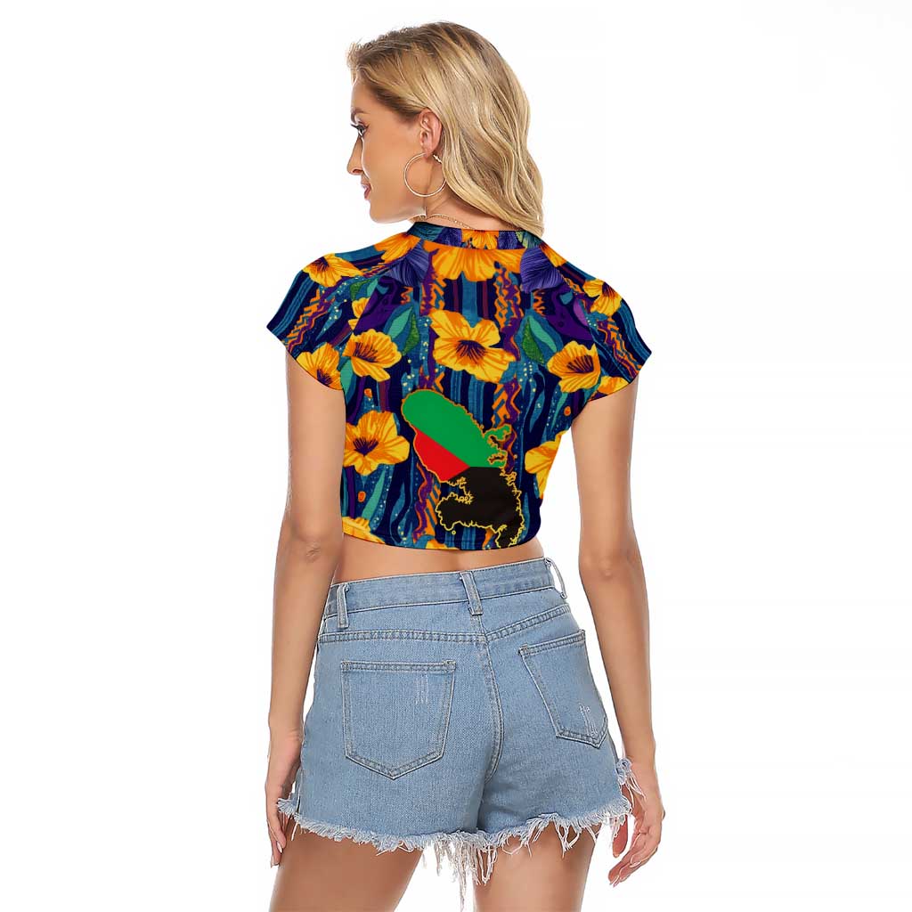 Martinique Map and Hibiscus Raglan Cropped T Shirt Island Silhouette with Tribal Stripe Accents