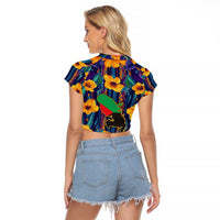 Martinique Map and Hibiscus Raglan Cropped T Shirt Island Silhouette with Tribal Stripe Accents