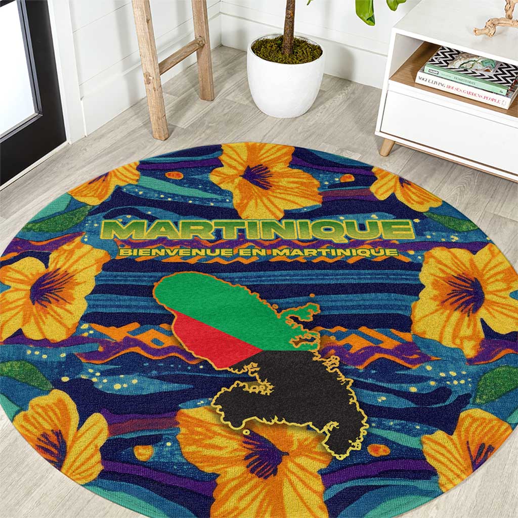 Martinique Map and Hibiscus Round Carpet Island Silhouette with Tribal Stripe Accents