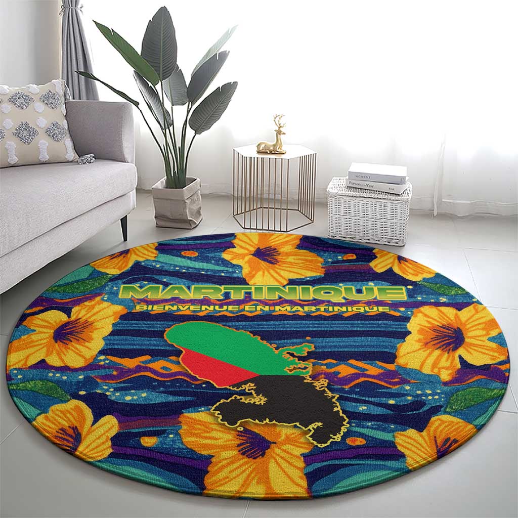 Martinique Map and Hibiscus Round Carpet Island Silhouette with Tribal Stripe Accents