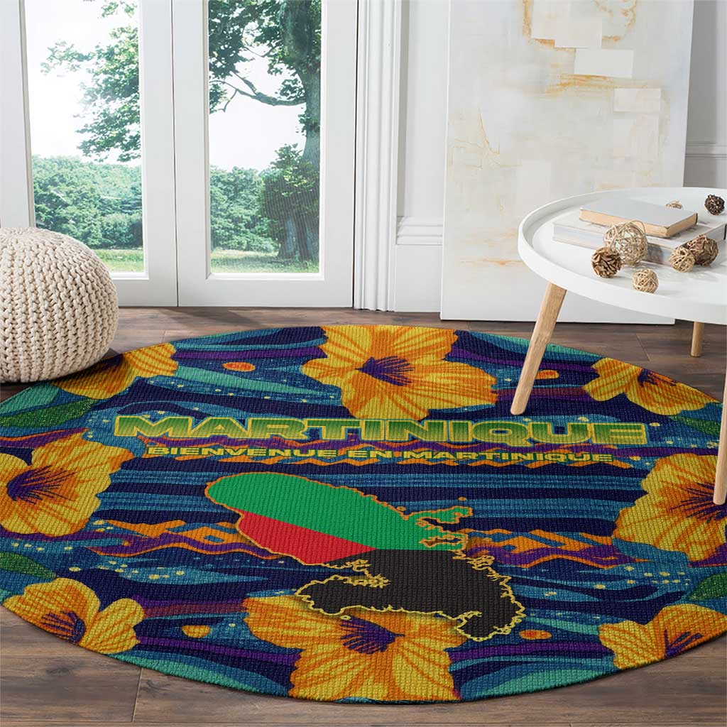 Martinique Map and Hibiscus Round Carpet Island Silhouette with Tribal Stripe Accents