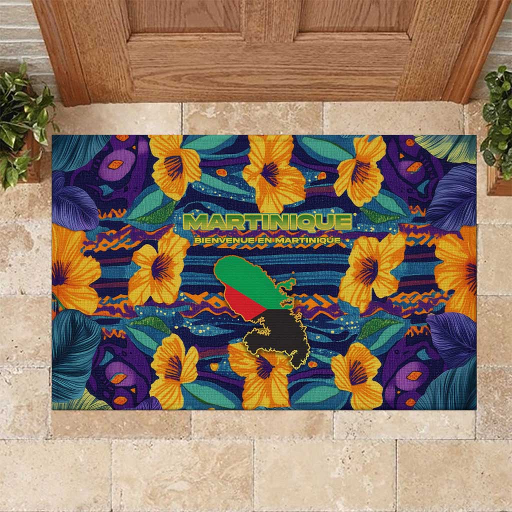 Martinique Map and Hibiscus Rubber Doormat Island Silhouette with Tribal Stripe Accents