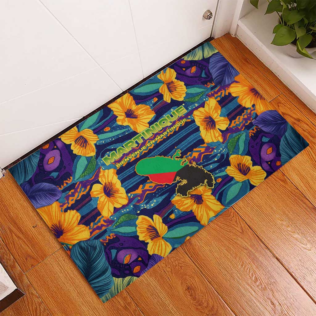 Martinique Map and Hibiscus Rubber Doormat Island Silhouette with Tribal Stripe Accents