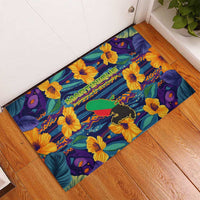 Martinique Map and Hibiscus Rubber Doormat Island Silhouette with Tribal Stripe Accents